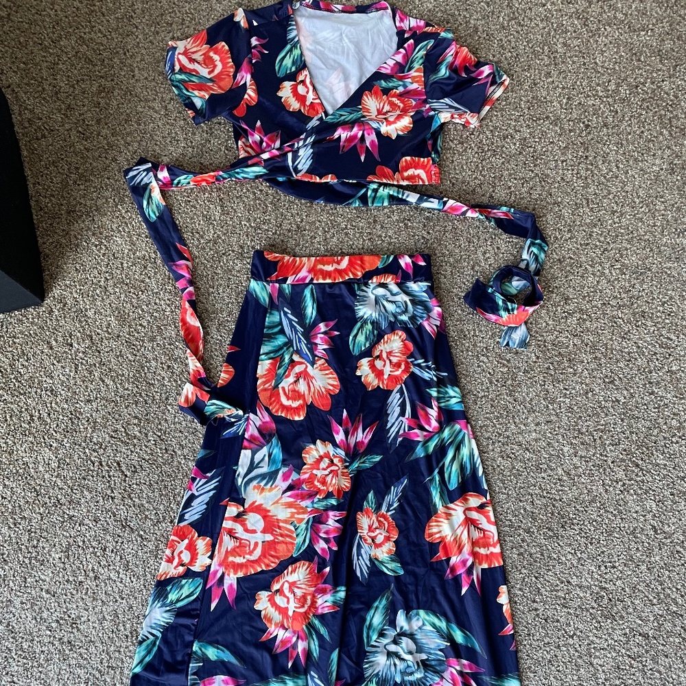 Two piece vacation outfit skirt v neck wrap top
